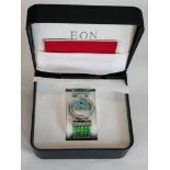 A new in box Eon fashion watch with Jade bead elastic bracelet and blue mother of pearl face. Box
