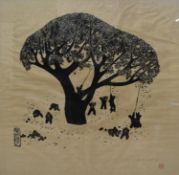 Chinese school (20th century) gorillas harvesting fruit, black ink on silk, bearing signature and