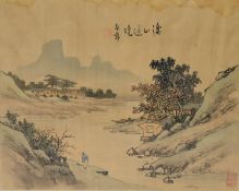 Chinese school, 20th century, village by the River Yangtze, watercolour on silk, with Chinese