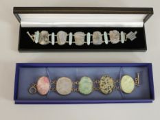 Two boxed silver and gemstone bracelets, one set with panels of Dalmatian Jasper, Rose Quartz and