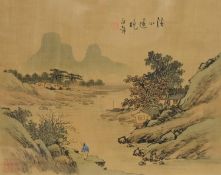 Chinese school, 20th century, village by the River Yangtze, watercolour on silk, with Chinese