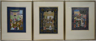 Late 19th/early 20th century Indian (Mughal) school, a set of three watercolours, figures on