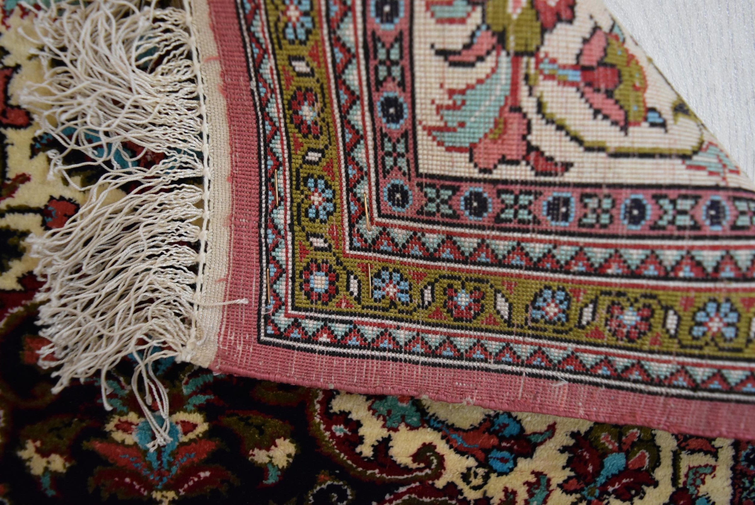 A Persian/Iranian silk Qum (Qom) rug, the central blue lobed panel in ivory field with stylised - Image 3 of 3