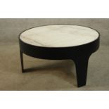 A contemporary white veined marble topped and metal low circular occasional table. H.46 Dia.90cm.