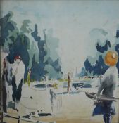 Impressionist school, figures in a park by a pond watercolour on paper, unsigned, framed. H.28 W.