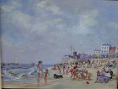 Will Nickless (British 1902-1977) figures on a crowded beach, oil on panel, signed and framed. H.