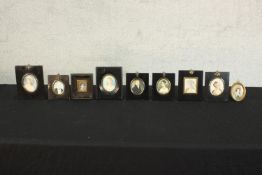 A collection of eight ebonised framed 19th century portrait miniatures on ivory, ladies and