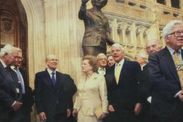 A framed and signed coloured photograph of Margaret Thatcher, John Major and other politicians. H.