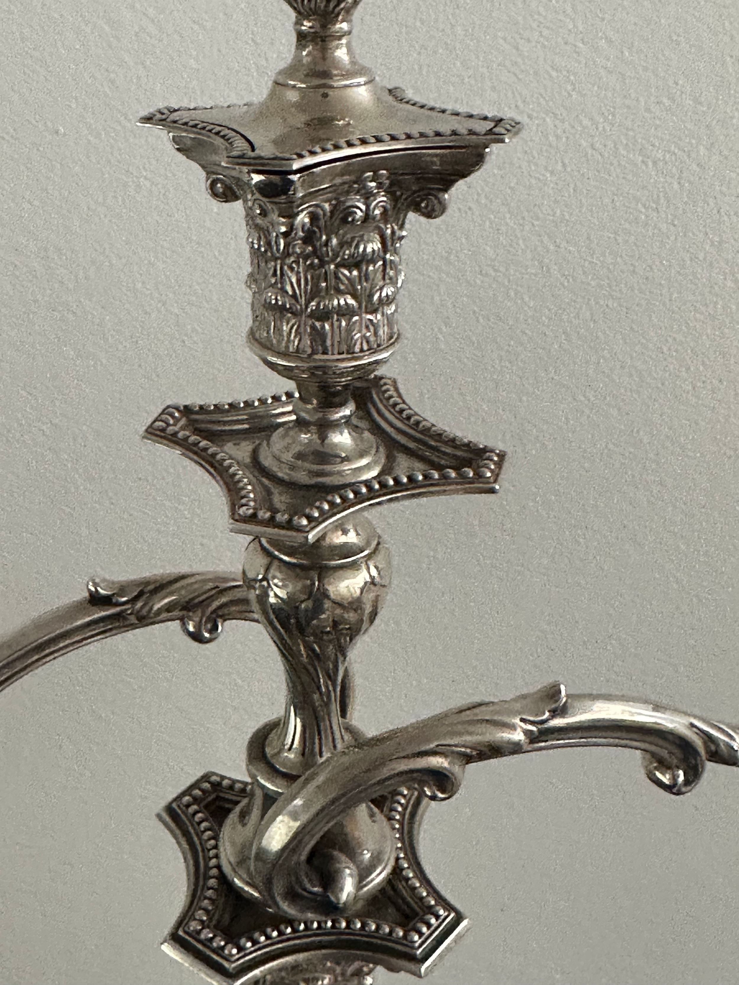 A weighted large three branch sterling silver candelabra with classical form, scrolling foliate arms - Image 3 of 7