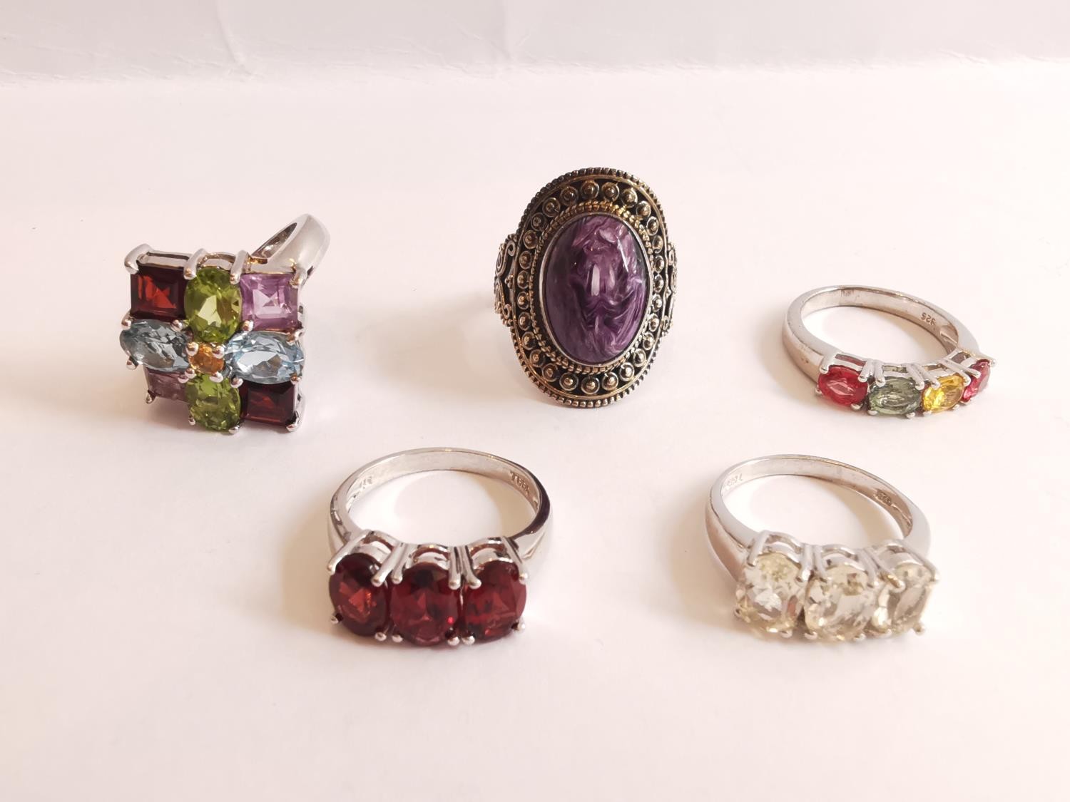A collection of five silver and gold plated silver dress rings set with various gemstones, including - Image 2 of 2