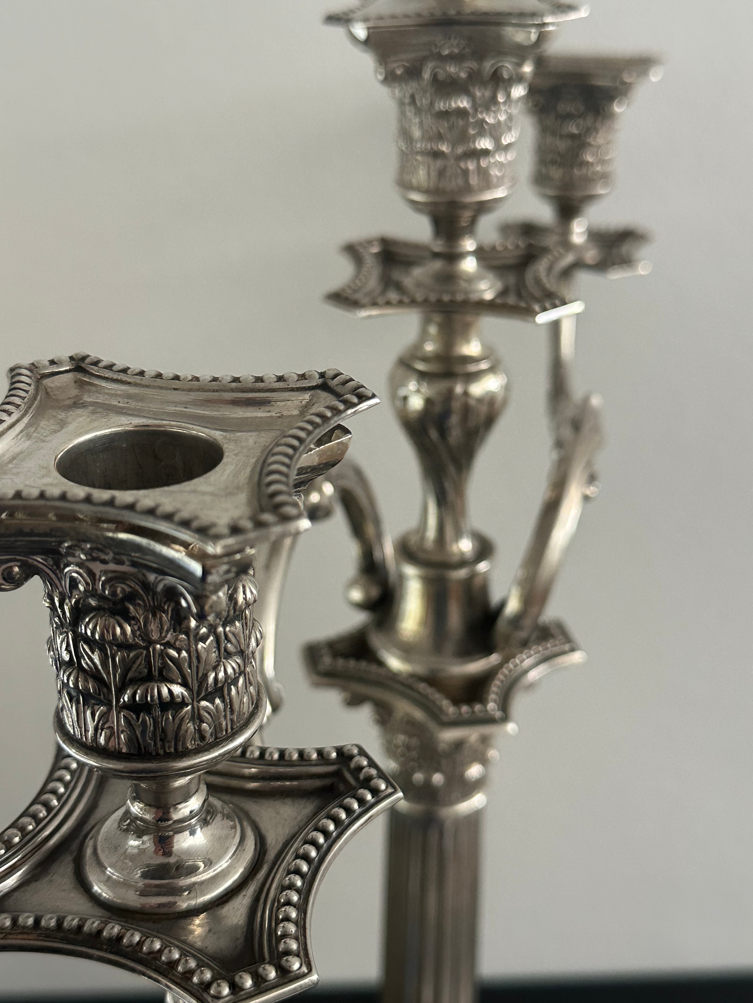 A weighted large three branch sterling silver candelabra with classical form, scrolling foliate arms - Image 4 of 7