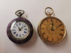 Two 19th century fob watches. A 14 carat yellow gold cased engraved fob watch with gilded etched