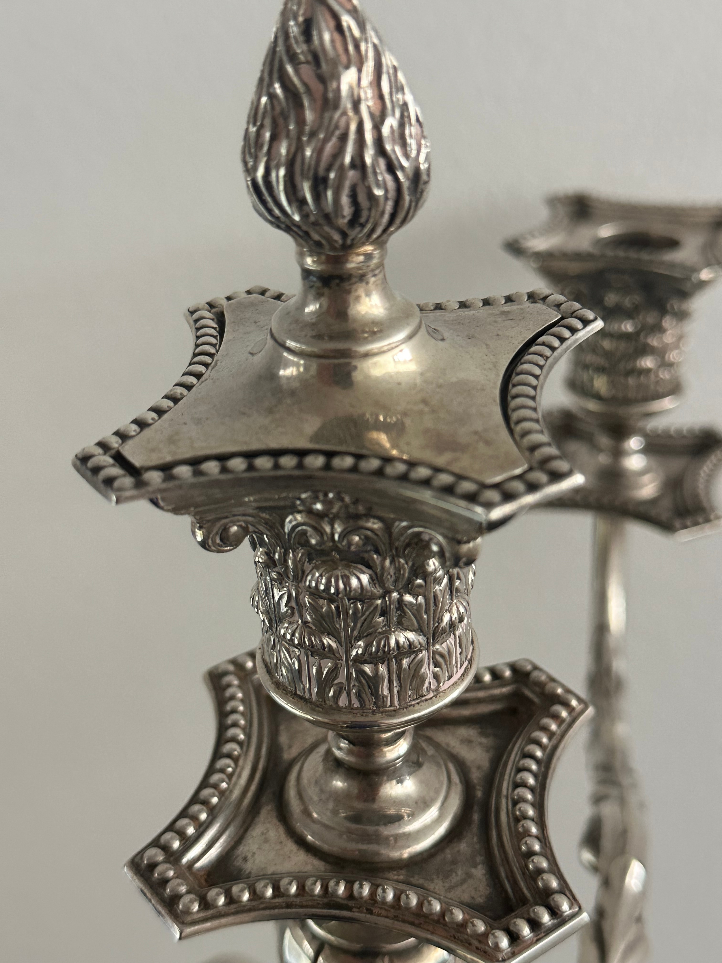 A weighted large three branch sterling silver candelabra with classical form, scrolling foliate arms - Image 5 of 7