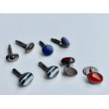 Four sets of gem set silver cufflinks. A pair of Lapis lazuli and silver round torpedo cufflinks,