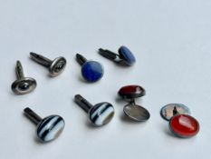 Four sets of gem set silver cufflinks. A pair of Lapis lazuli and silver round torpedo cufflinks,
