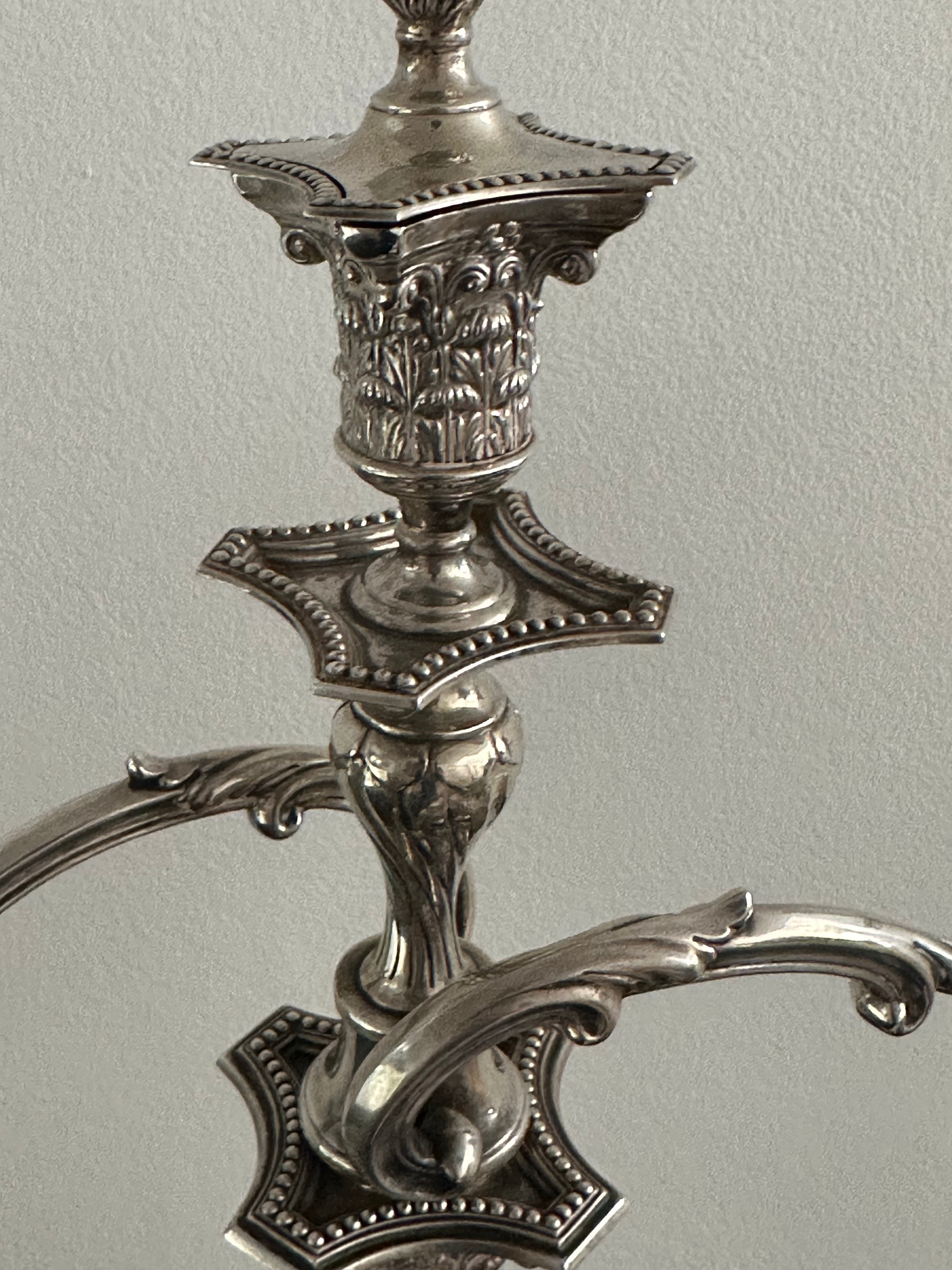 A weighted large three branch sterling silver candelabra with classical form, scrolling foliate arms - Image 2 of 7