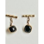 A pair of vintage 9 carat yellow gold and hematite cabochon chain link cufflinks with bamboo stalk