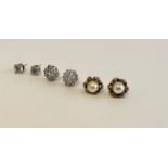 Three pairs of stud earrings, including a pair of 9ct yellow gold and cultured pearl earrings.
