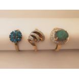 Three 20th century 9 carat yellow gold gem-set rings: a sugar treated opal and diamond cluster ring,