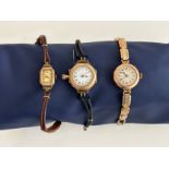 Three 9 carat gold vintage ladies cocktail watches. One with an engraved foliate design bezel and
