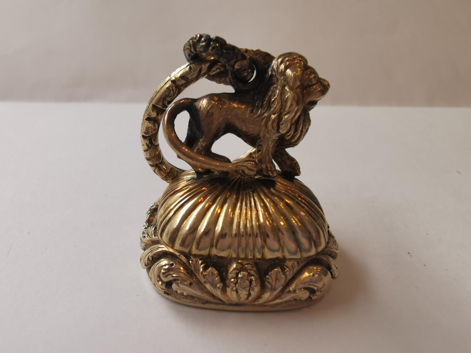 Two Victorian yellow metal plated fob seals, one with a carved lion finial and scrolling foliate - Image 2 of 6