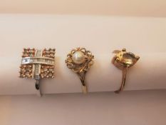 Three 20th century 9 carat gold gem-set rings: a floral design ring set with a white cultured pearl,