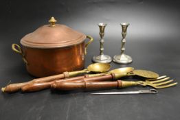 Assortment of metalware to include an oval copper lidded cooking pot, a pair of hexagonal pewter
