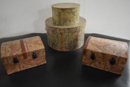 Four assorted hat boxes to include a pair of dome topped rectangular boxes and two cylindrical
