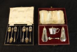 A George VI Elkington & Co hallmarked silver four piece cruet set comprised of a salt and pepper,