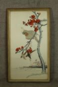 A 20th century Japanese silk embroidered picture of a cockatoo sitting in a red blossom tree with