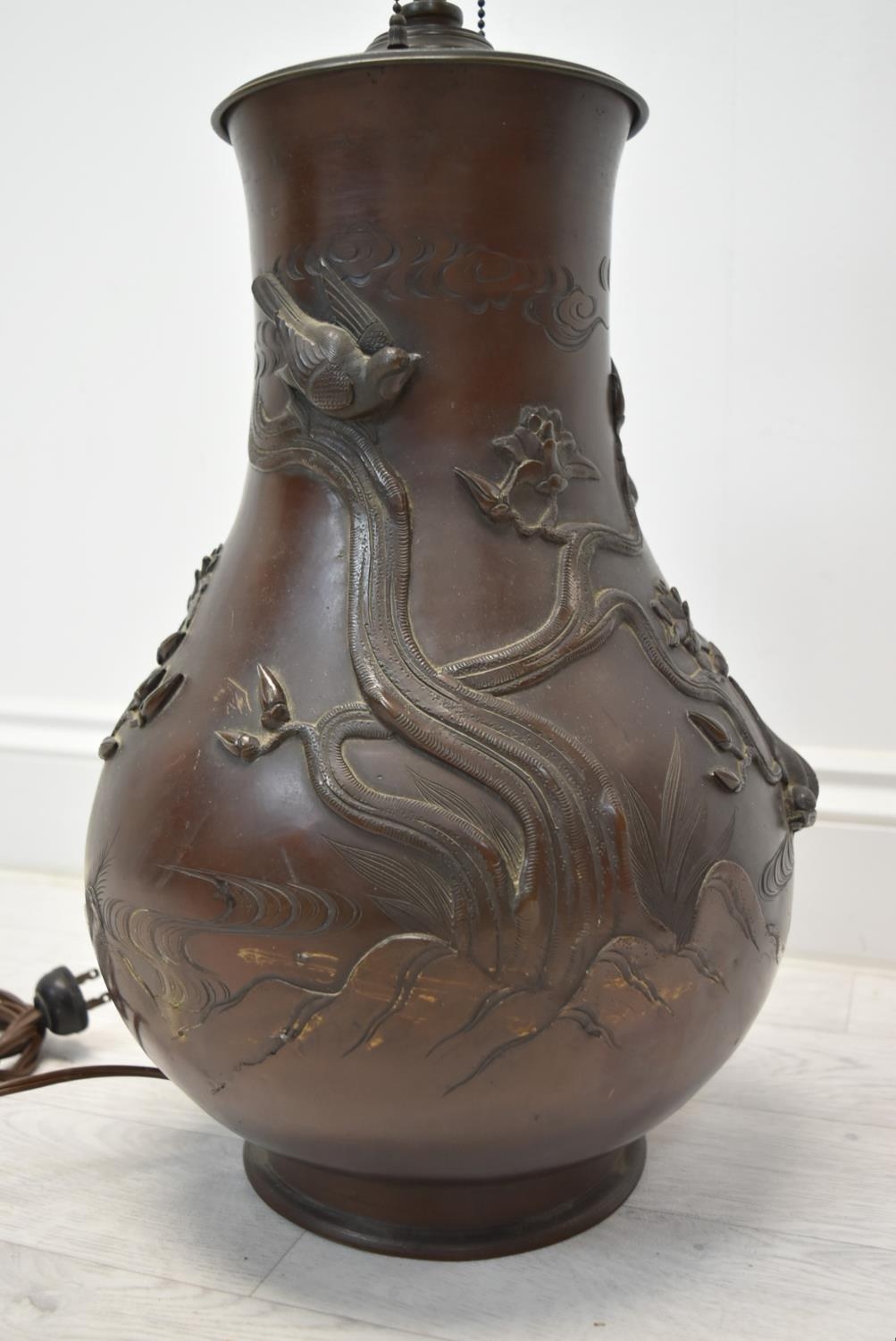 A Japanese Meiji period (1852-1912) bronze baluster vase cast with bird decoration (converted to a - Image 5 of 8