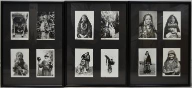Twelve 20th century black and white photographs of Tibetan and Nepalese people, mounted in three
