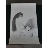 David Remfry (British born 1942). Pencil drawing of a women and a unicorn. Probably used to