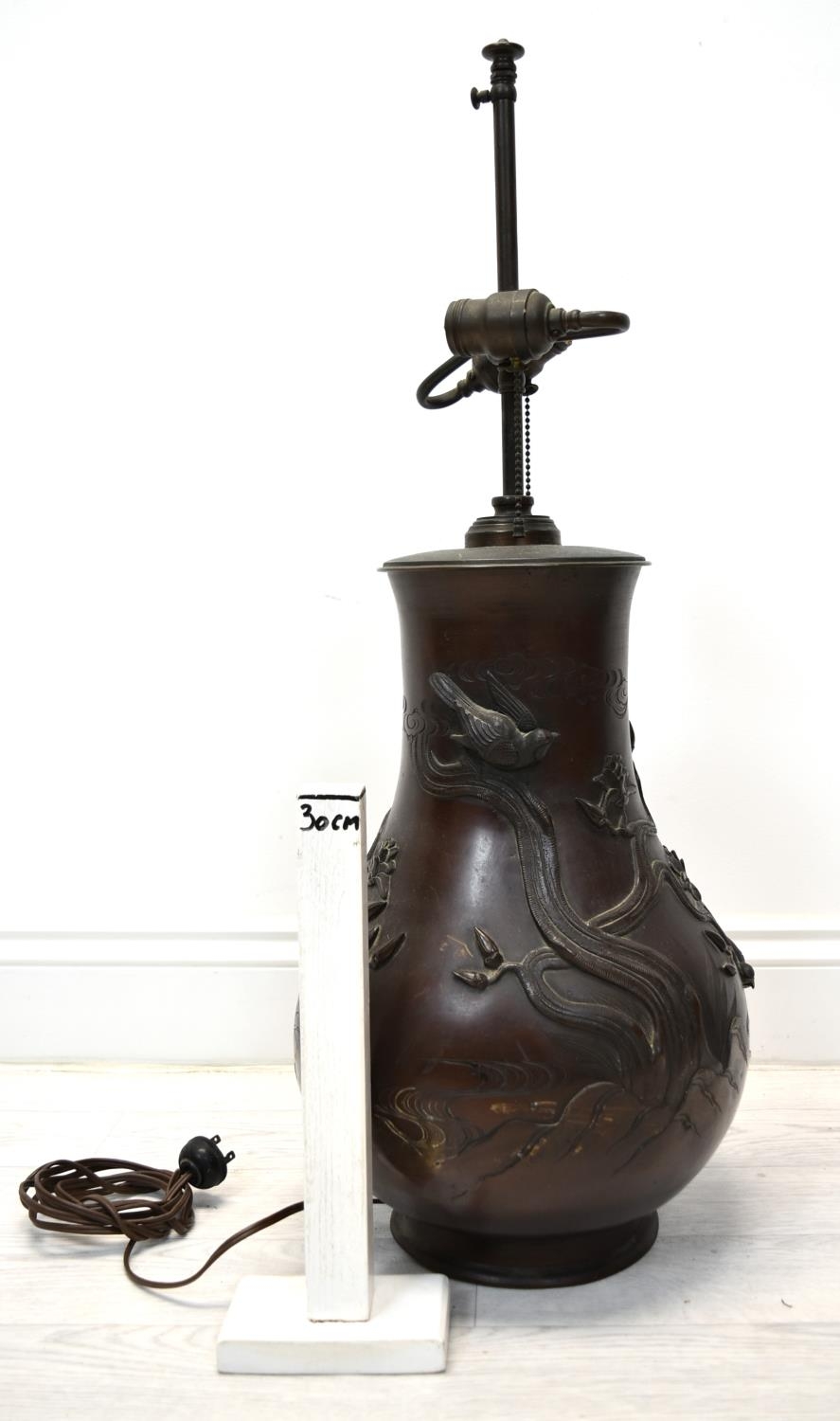 A Japanese Meiji period (1852-1912) bronze baluster vase cast with bird decoration (converted to a - Image 2 of 8