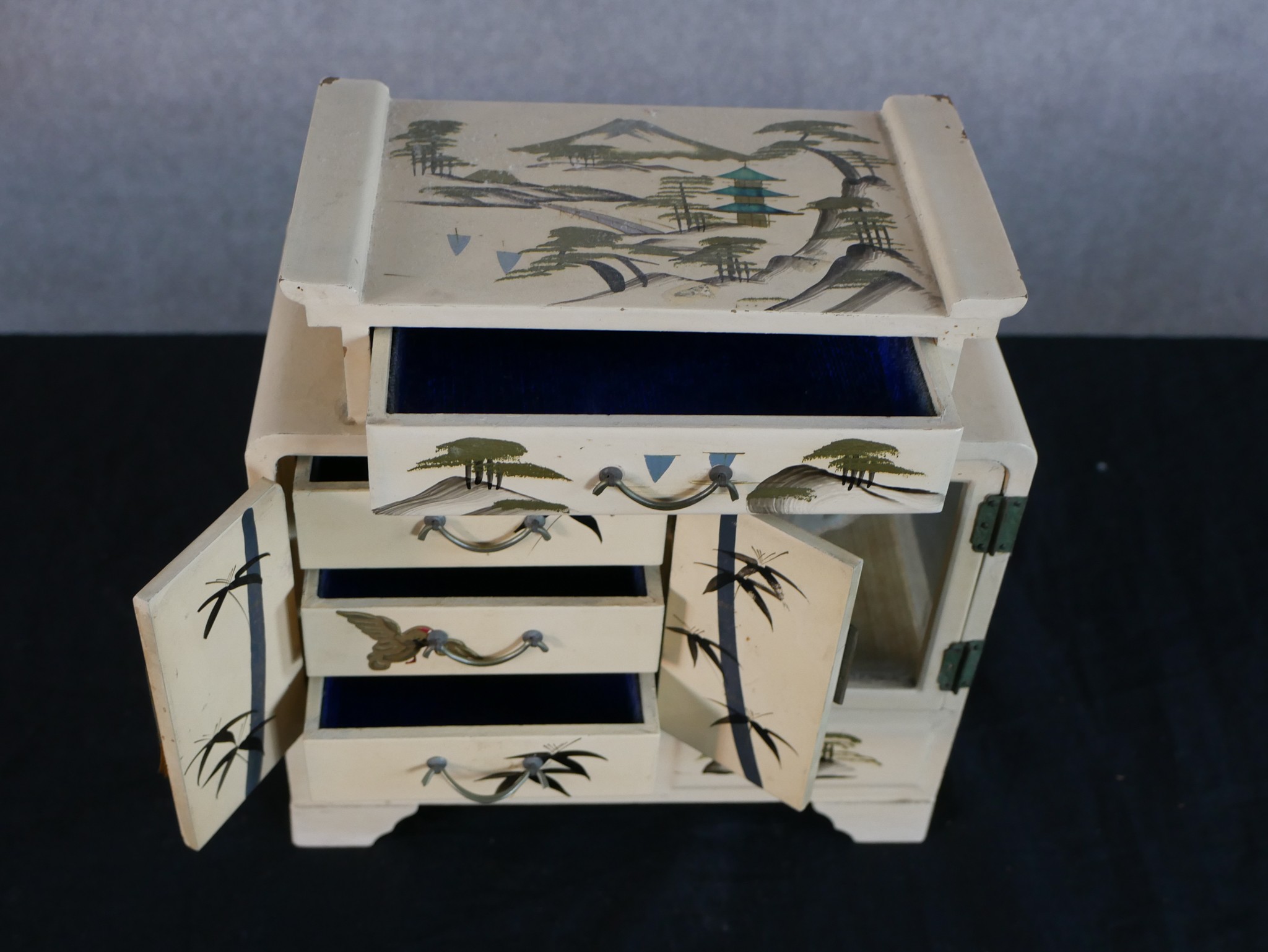 A 20th century Japanese style musical jewellery casket with ballerina and painted decoration, raised - Image 3 of 3