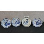 A 19th century blue and white Chinese Export porcelain octagonal shaped dish together three 19th