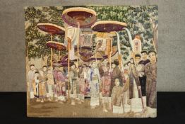 A late 19th century unframed Chinese silk embrioidery depicting a processional scene, mounted on