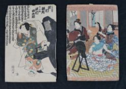 Two 19th century, possibly earlier Japanese coloured woodblock prints, lady dressed in robes