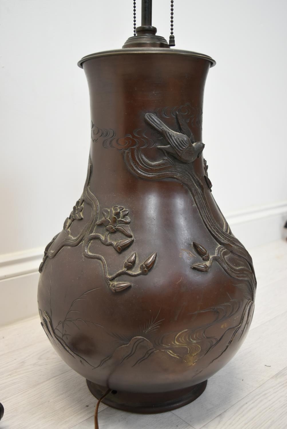 A Japanese Meiji period (1852-1912) bronze baluster vase cast with bird decoration (converted to a - Image 8 of 8