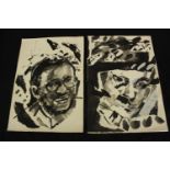 Two portraits of the composer Ryuichi Sakamoto dated 1985. Ink on paper. Unknown artist. Probably