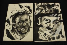 Two portraits of the composer Ryuichi Sakamoto dated 1985. Ink on paper. Unknown artist. Probably