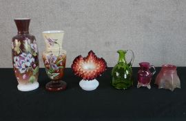 Assorted 20th century glass comprised of two floral painted vases, an etched cranberry glass