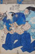 A 19th century Japanese coloured woodblock print of samurai wearing a blue and white robe, signed