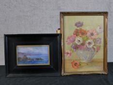 Indistinctly signed, 20th century, still life of flowers in a blue and white cameoware jug, oil on