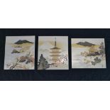 A set of three 20th century Japanese mixed metal panels depicting Mount Fuji, Cherry blossoms of