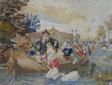 An early 20th century Berlin woolwork tapestry embroidered with figures in a boat feeding swans,