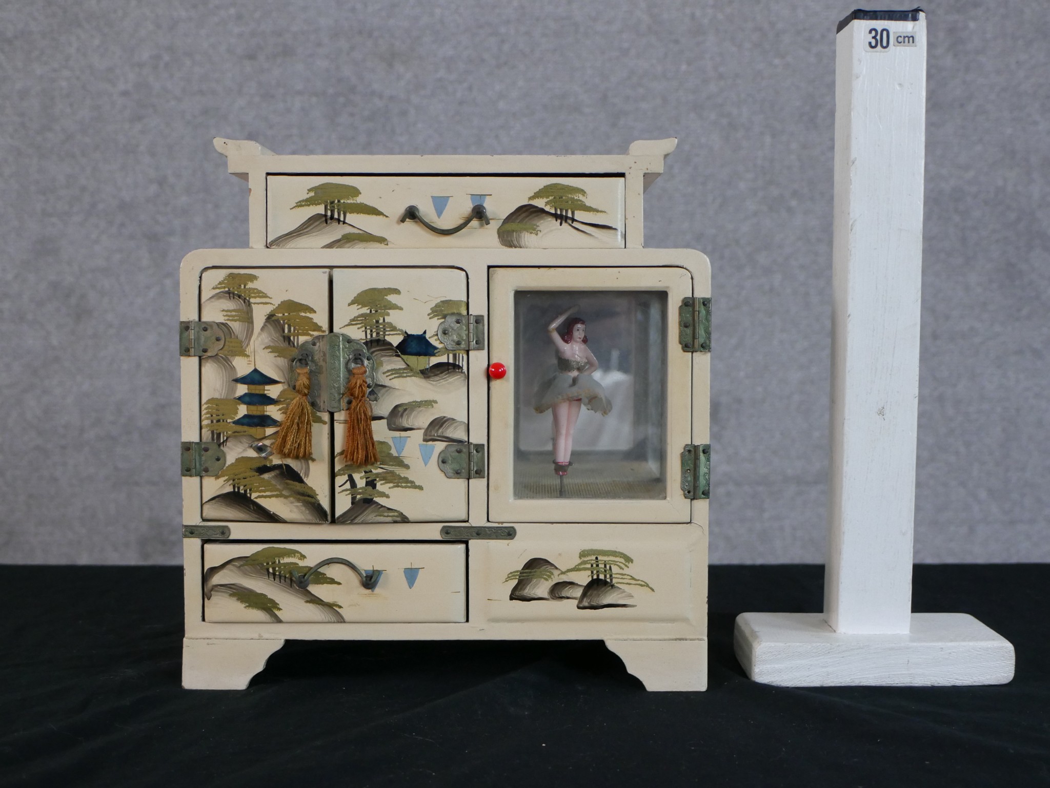 A 20th century Japanese style musical jewellery casket with ballerina and painted decoration, raised - Image 2 of 3
