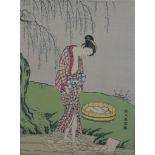 After Harunobu Suzuki (Japanese 1725-1770) beauty washing cloth in a stream, coloured woodblock