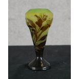 An early 20th century Galle green overlaid tapering cameo glass vase with incised floral
