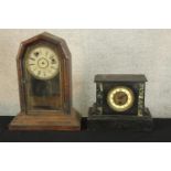 A 19th century marble mantle clock, raised on plinth base, together 19th century walnut cased mantle